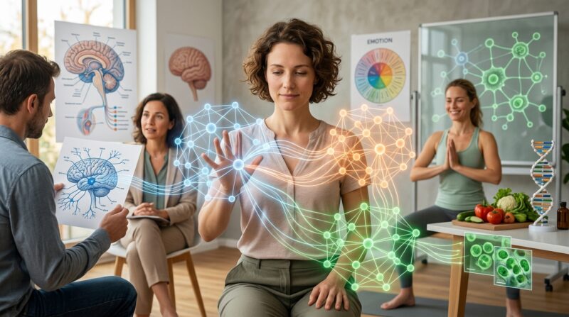 Vier Personen diskutieren über Gesundheit und Gehirnforschung; Grafiken zeigen neuronale Netzwerke, DNA und gesunde Lebensmittel.
