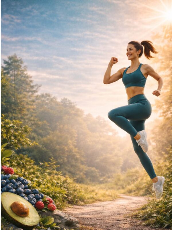 Eine Frau in Activewear springt freudig im Freien in der Nähe von Obst und Avocado auf einem Waldweg unter einem sonnigen Himmel, der Darmgesundheit und Vitalität umarmt.