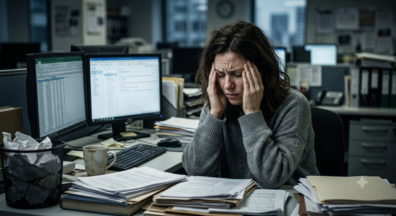 Eine gestresste Frau sitzt an einem überfüllten Schreibtisch und hält den Kopf in den Händen, umgeben von Papierkram und Computern – klassische Anzeichen für chronische Stresssymptome.