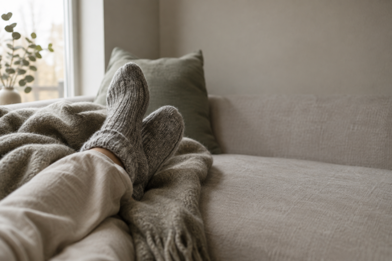 Füsse in Wollsocken eingepackt, obwohl es nicht kalt ist