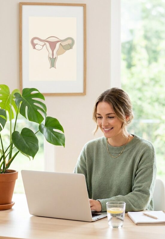 Frau lächelt am Laptop in einem hellen Raum und genießt eine Beratungssitzung mit einer Pflanze in der Nähe und einem gerahmten Gebärmutterkunstwerk an der Wand.