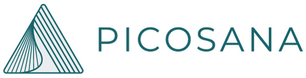 Geometrisch gestreiftes Dreieckslogo neben dem Wort PICOSANA in blaugrüner Schrift, alles in Großbuchstaben.